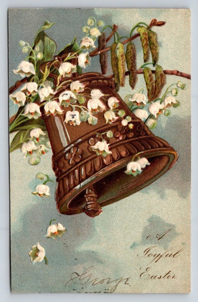 Antique embossed Easter postcard with lily of the valley flowers and bell illustration