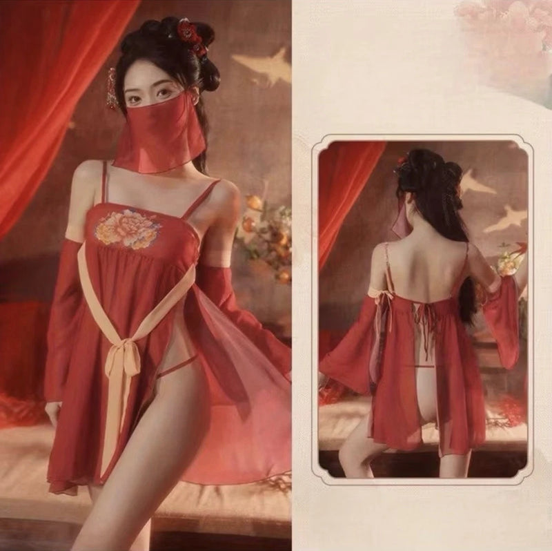 Red peony embroidered lingerie set with strappy chemise and matching ribbon ties