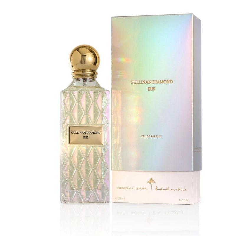Perfume spray bottle with gold cap and faceted glass, with Iris box by Ibraheem Al Qurashi