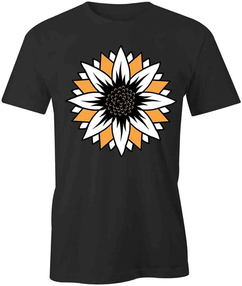 Black cotton T-shirt with large white and orange sunflower graphic on chest