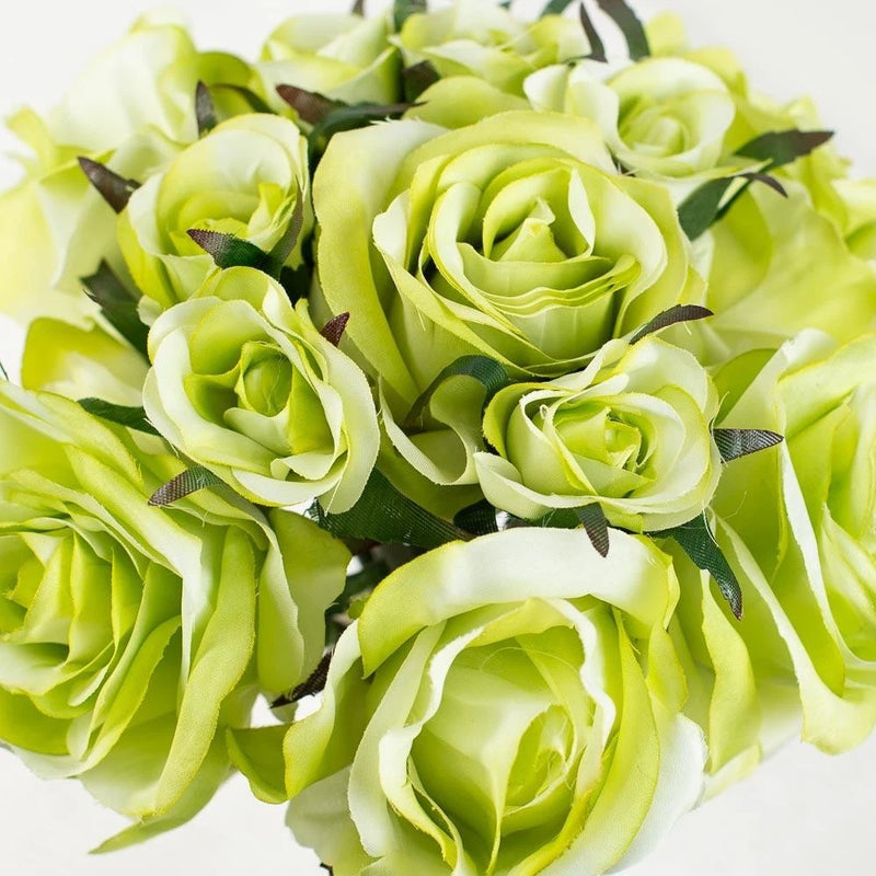 Artificial lime-green rose nosegay bouquet with multiple pale green blooms and leaves