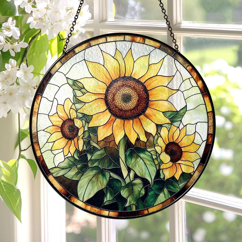 Round stained-glass sunflower suncatcher with three blooms and hanging chain