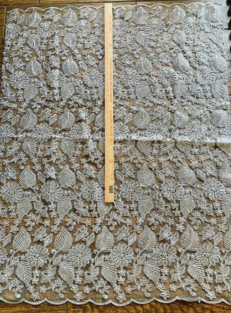 Silver Metallic Embroidered French Lace Design Embroidery Scalloped Mesh Fabric Flowering Plants