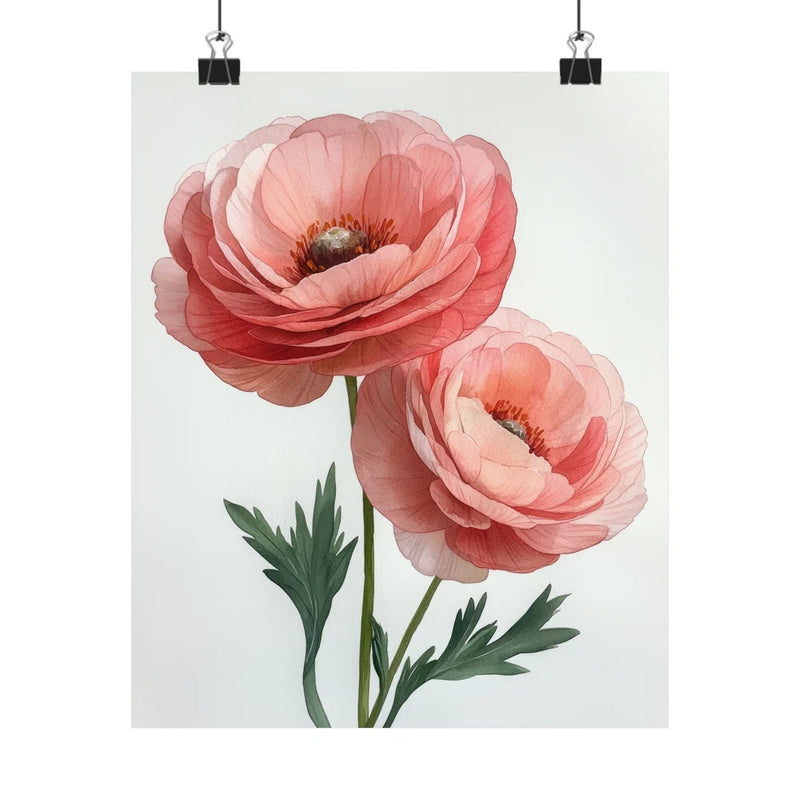 Boho Pink Ranunculus Flower Art Print Poster, Minimalist Floral Wall Art 6 Ranunculus
