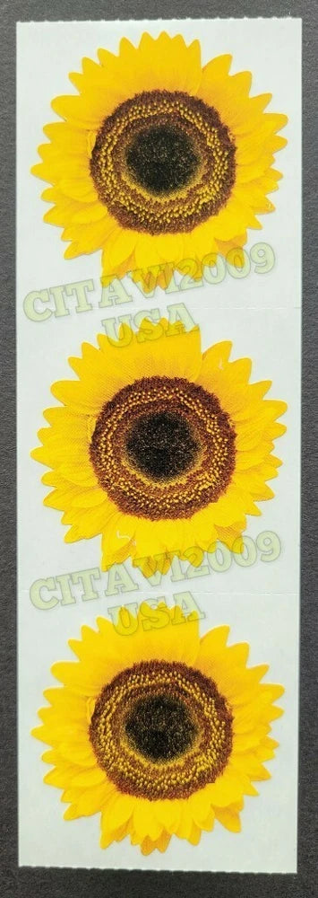 Vintage sunflower sticker sheet with three yellow flowers and dark circular centers