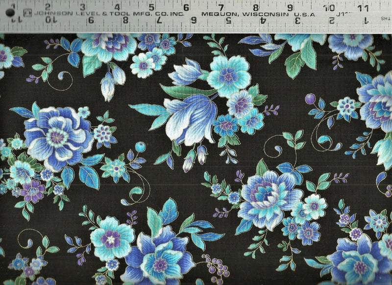 Timeless Treasures ~ Regency Blue Floral Metallic ~100% Cotton Quilt Fabric BTY Flowering Plants