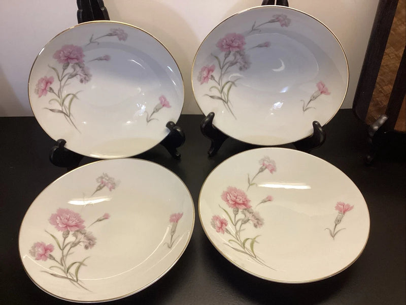 Royal Court Pink Carnations Fine China Japan 4 Coupe Soup Bowls 7" W/ Gold Trim Carnation