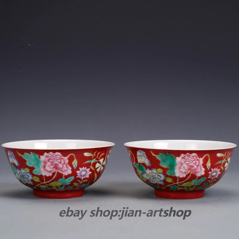 6.1" Good Chinese Colour Enamels Porcelain Red Ground Peony Flower Bowl Pair Peony