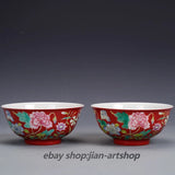 6.1" Good Chinese Colour Enamels Porcelain Red Ground Peony Flower Bowl Pair Peony