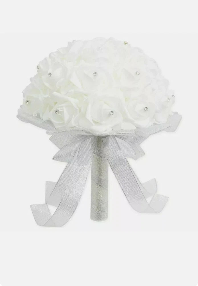 Wedding Bouquet Artificial Flowers & rhinestones White 9 x 12 in Beautiful Bouquet