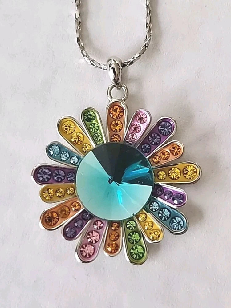 Multicolor rhinestone sunflower pendant necklace with silver chain