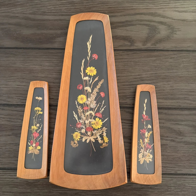Set of 3 wood frame herbier art panels with pressed dried flower bouquets