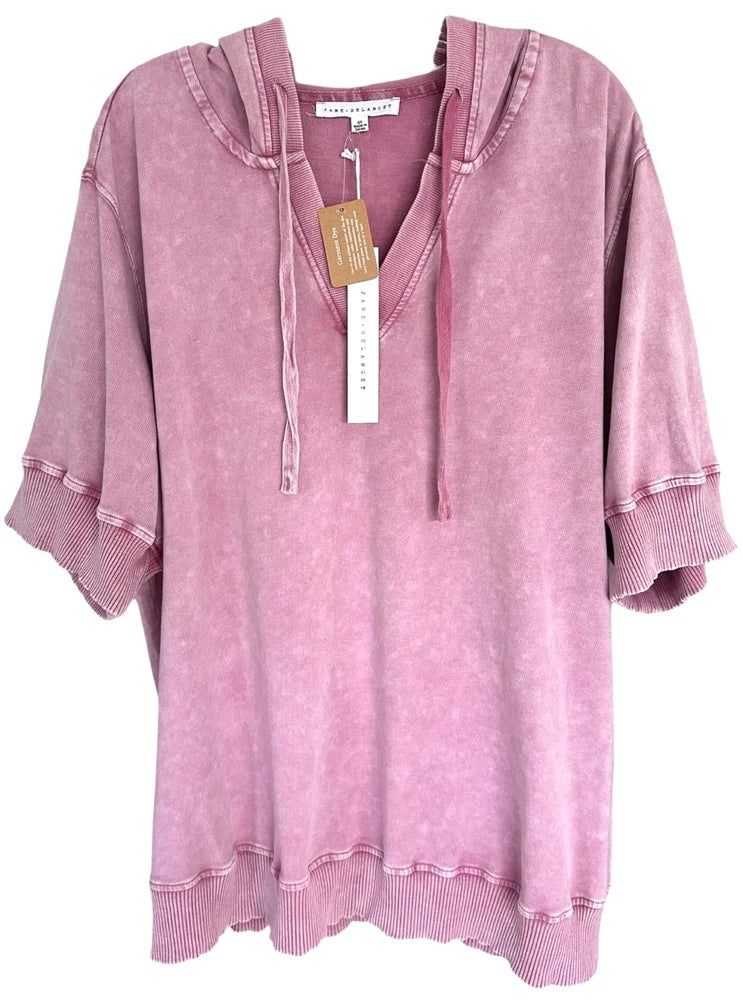 Jane & Delancey Women's Hooded Top Garment Dye Short Sleeve Plus Size 2X Pink Roses