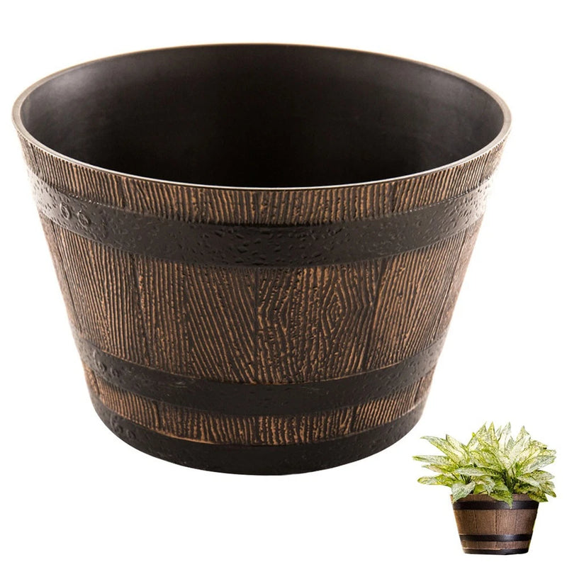 Dark brown decorative plant pot with raised bark texture and wide rim