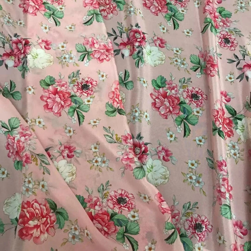 100% Pure Silk 14 momme Crepe Silk Fabric Pink Flower 55"  wide 1 meter XX005 Flowering Plants