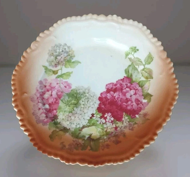 Antique Decorative Plate 9.5" Round Pink White Ribbon Edge Hydrangea Flowers Hydrangea