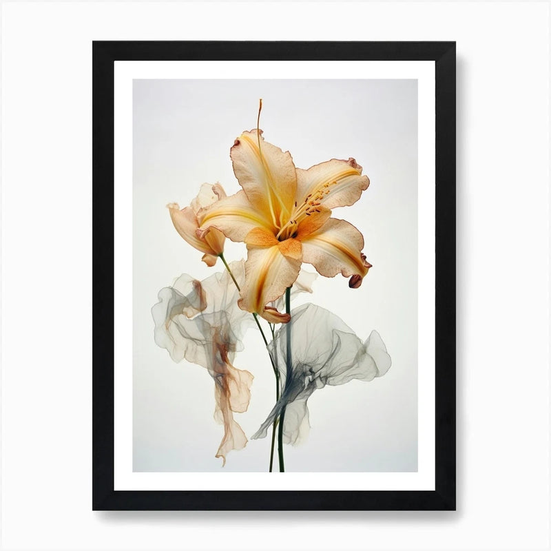 Framed botanical lily wall art print with yellow petals and gray leaves, black frame