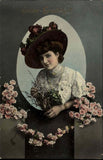 Easter Pretty Woman Flowers Carnations Roses Fancy Hat c1900s-20s Vintage PC Carnation