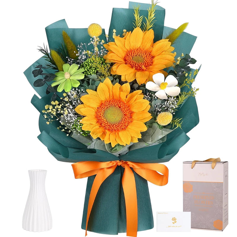 Preserved sunflower bouquet with orange sunflowers, white accents, teal wrapping, orange ribbon