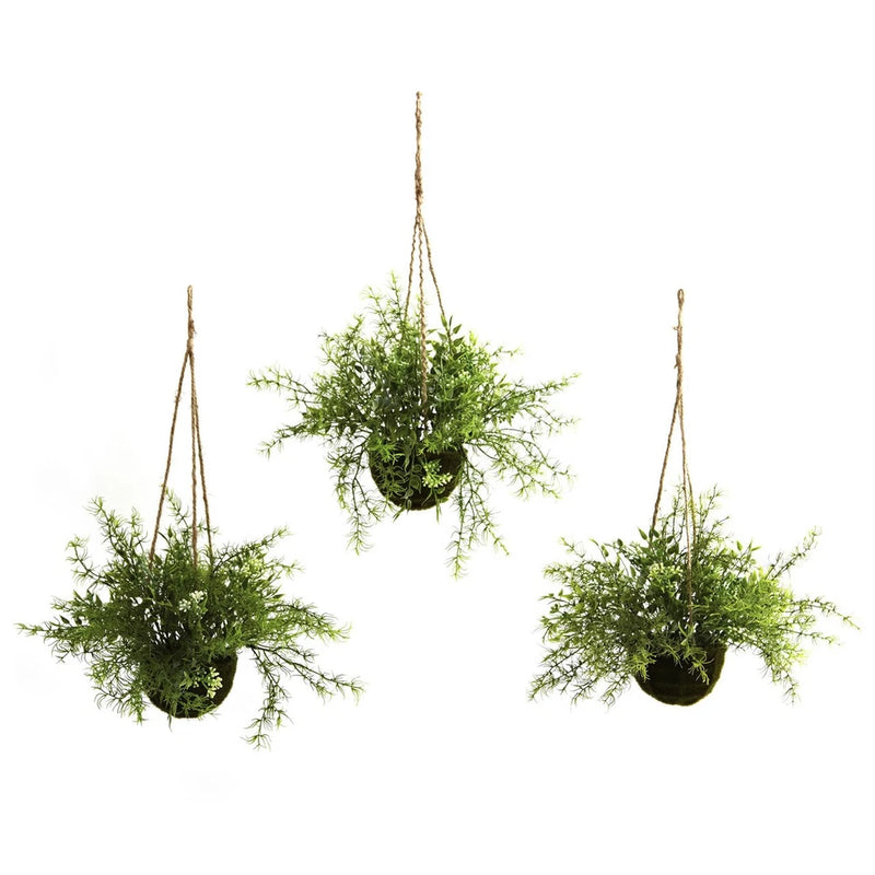 ARTIFICIAL SILK HANGING BASKET RUSCUS, SEDUM & SPRINGERI GREEN PLANT - SET of 3 Green Plant