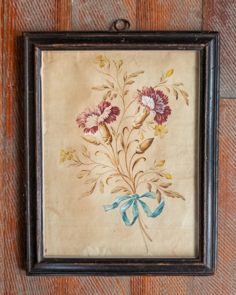 Antique framed botanical watercolor painting with pink carnation flowers and blue ribbon