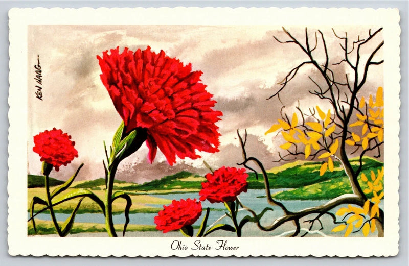 Vintage postcard with red scarlet carnations, green stems, and autumn tree leaves