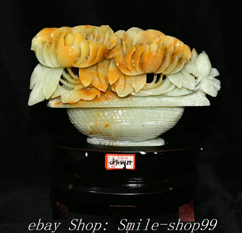 9" China Unique Natural Xiu Jade Carve Peony Flower basket Statue Sculpture Peony