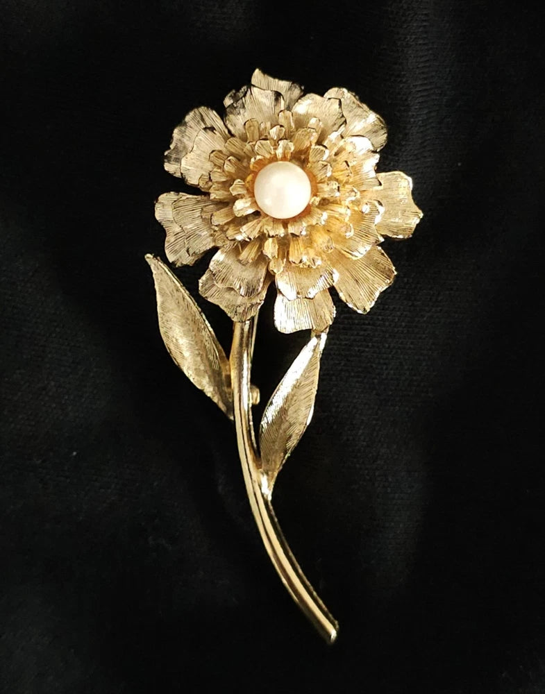 Vintage Brushed Gold Tone Flower Carnation Stem Faux Pearl Brooch Pin 2.25" Carnation