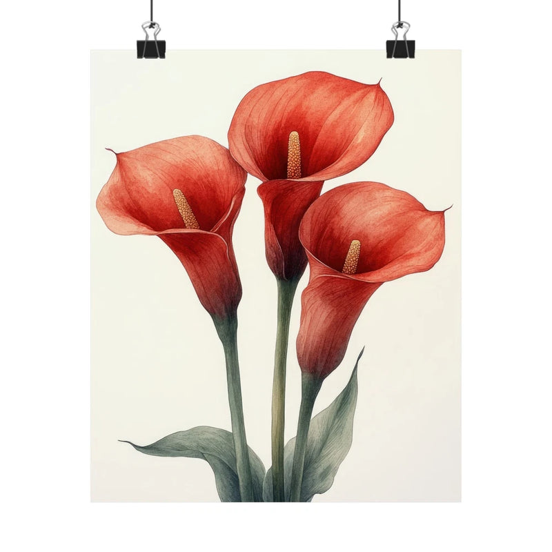 Red calla lily flower art print poster with four blooms on cream background
