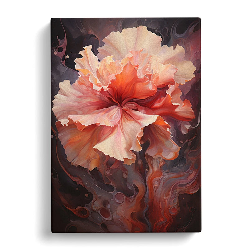 Framed canvas wall art with peach and white flower on dark abstract background