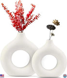 Set of 2 Ceramic Circle Vases for Pampas Grass, Minimalist Home Decor, White Pampas Grass