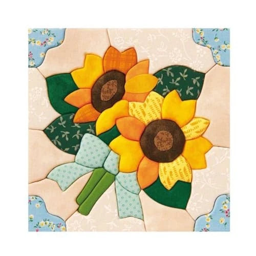 Sunflower kimekomi fabric wall art with two sunflowers and a light blue bow