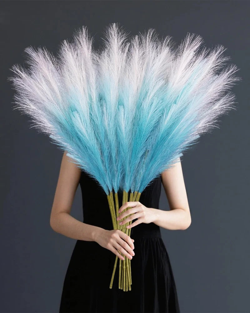 8Pcs Blue Faux Pampas Grass Tall Decor, 35.4Ó Fluffy Artificial Pompous Grass... Pampas Grass