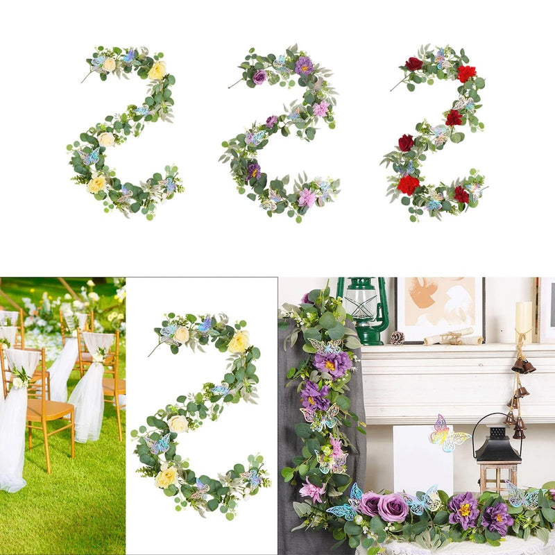 Artificial peony vine garland with green leaves and mixed purple, red, and white flowers