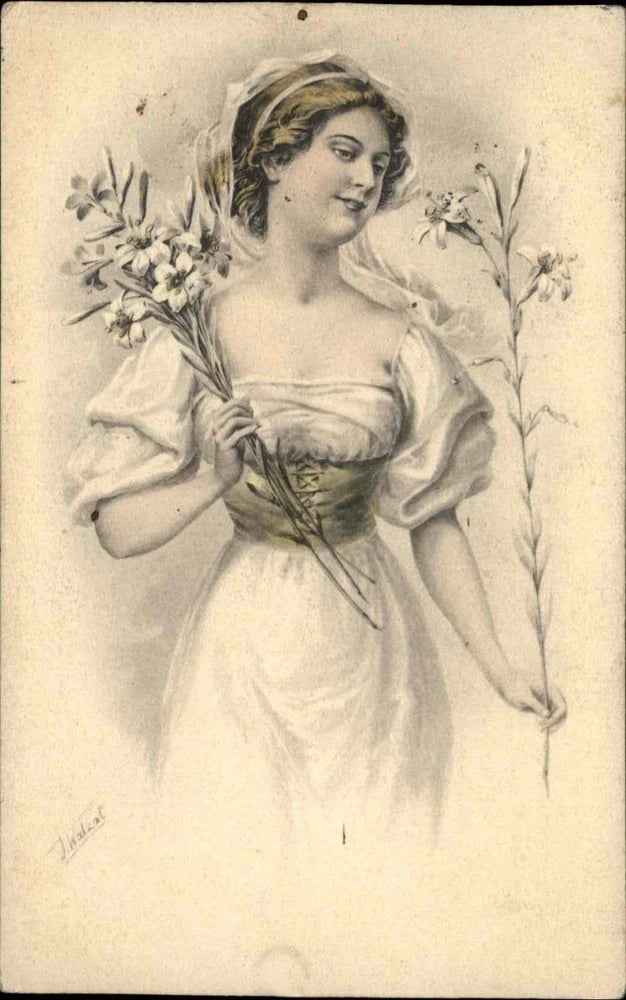Vintage lily postcard with a smiling woman in a white dress holding lilies