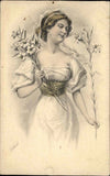 Beautiful Woman Lilies Flowers Artist Signed c1900s-20s Vintage Postcard Lily