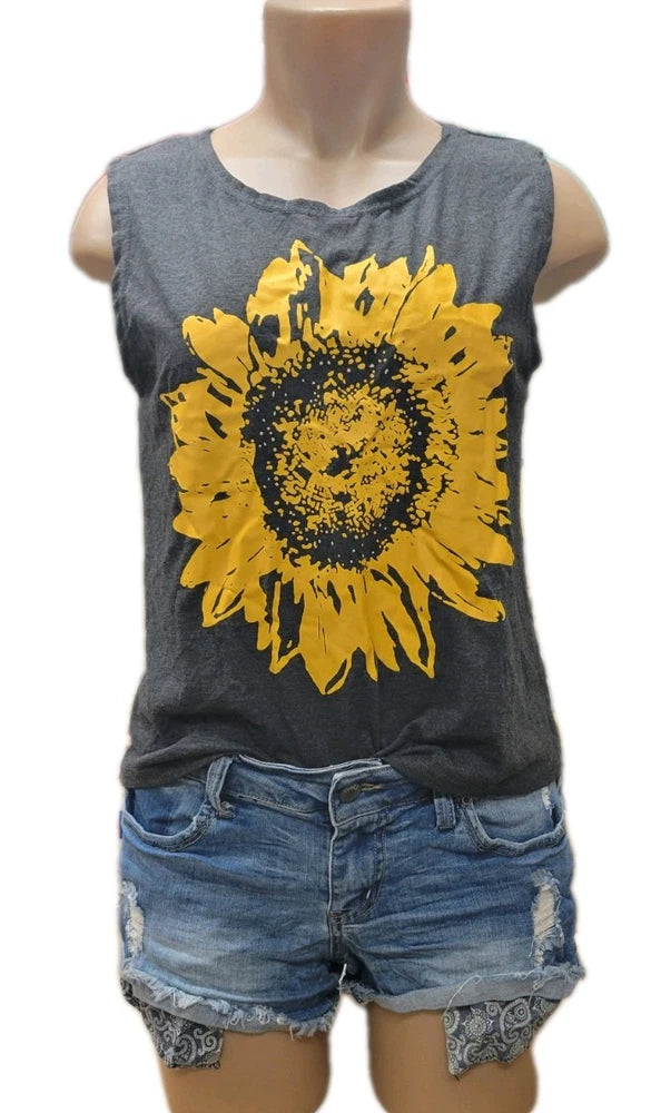 Woman's Dark Gray Sunflower Sleeveless Tank Top Size Large Sunflower