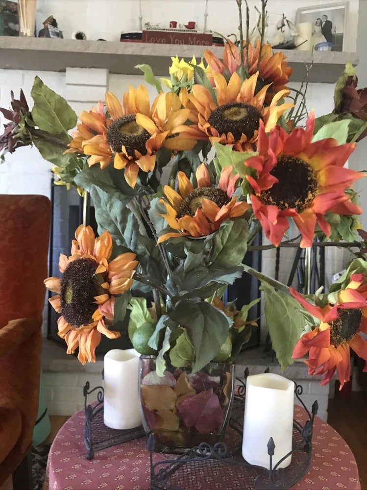 Large Sun Flowers in Glass Vase Silk Summer sunflowers floral Arrangement $125 Sunflower