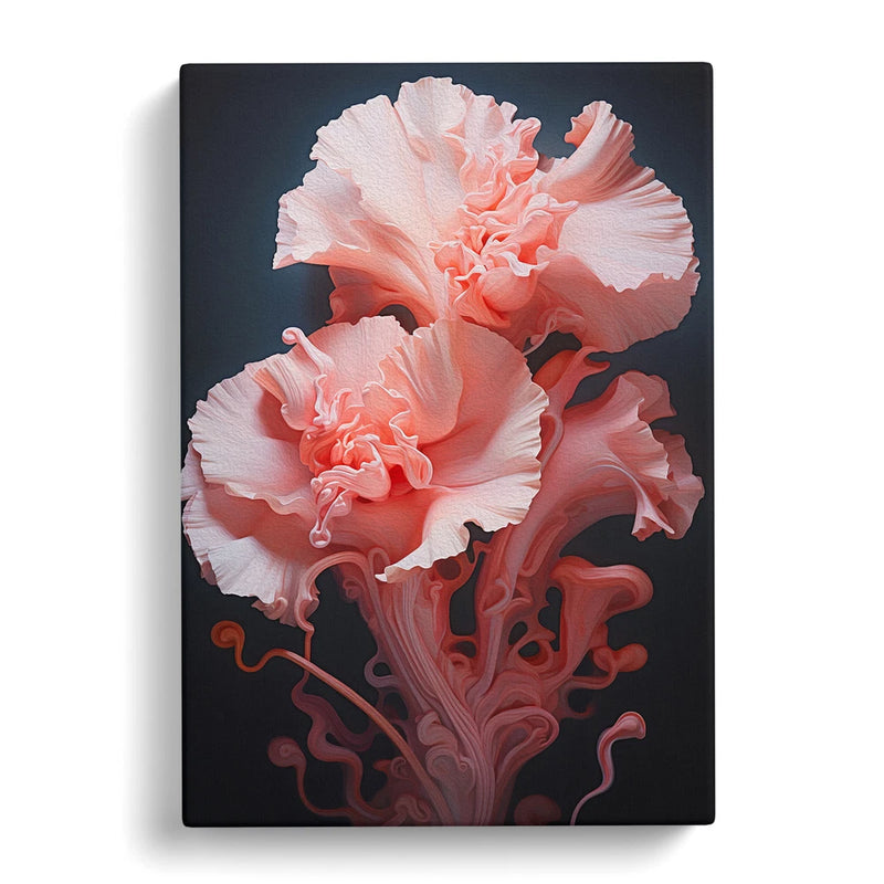 Framed canvas wall art print of peach pink carnations with swirling petals