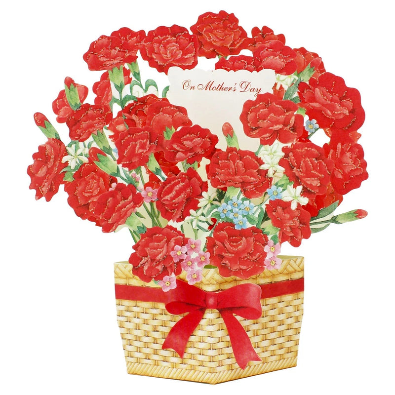 3D pop-up Mother's Day card with woven basket and red carnation flowers, ribbon bow