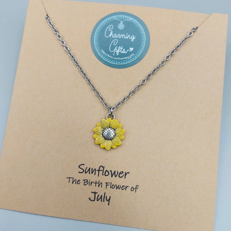 Sunflower charm necklace with hand-painted yellow flower pendant and silver chain