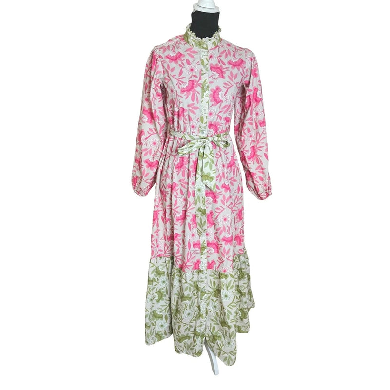 Pink and green colorblock floral maxi dress with long sleeves, high neck, button front