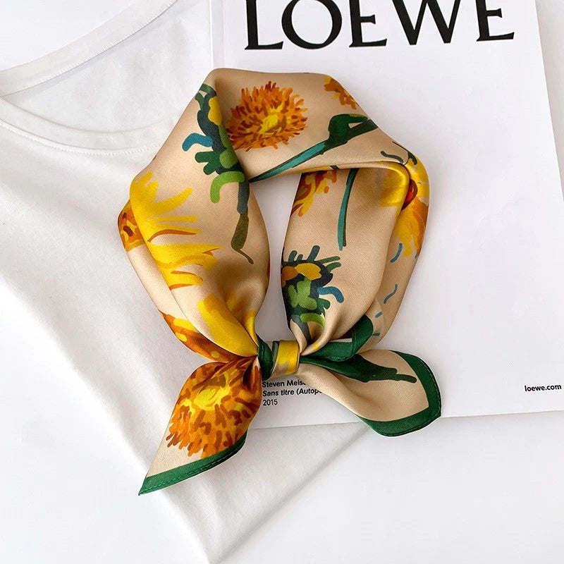 Yellow silk square scarf with sunflower print and green leaf accents