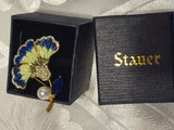 New in Box Stauer Carnation Brooch Pin Faux Pearl Rhinestone Blue Green Carnation