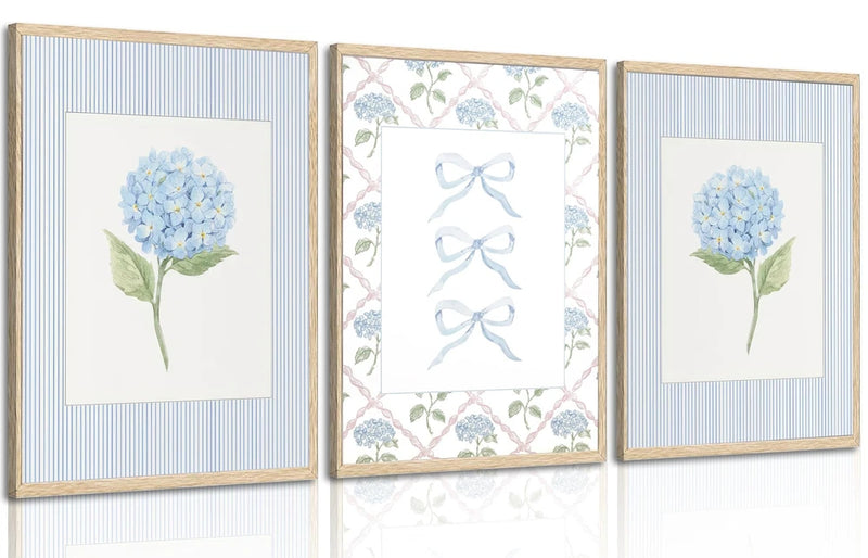 Blue Hydrangea Canvas Wall Art Trendy Watercolor Bow Coquette Paintings Pictu... Hydrangea