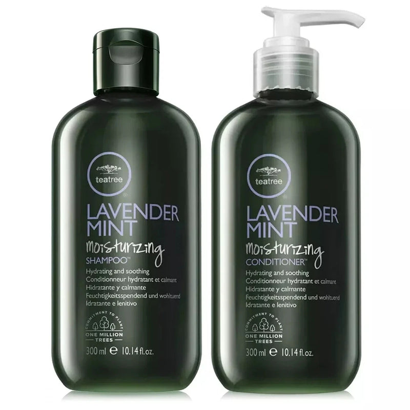 Tea tree lavender mint hair shampoo and conditioner duo, two dark green pump bottles