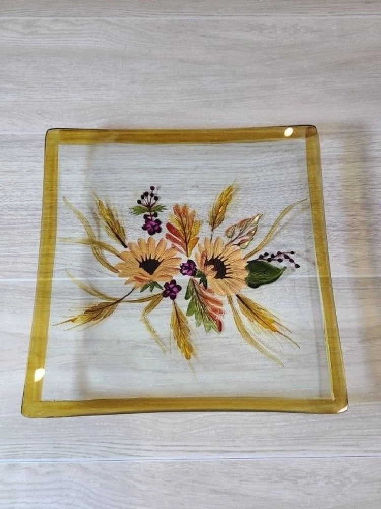 Hand Painted Sunflower Glass Plate Wheat Floral Art Decorative 6" Sunflower