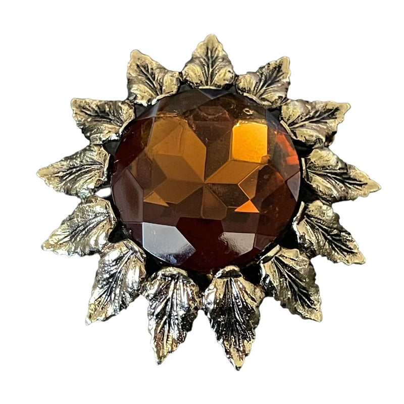 Vintage Signed Emmons Amber Colored Faceted Glass Pin Brooch Sunburst Sunflower Sunflower