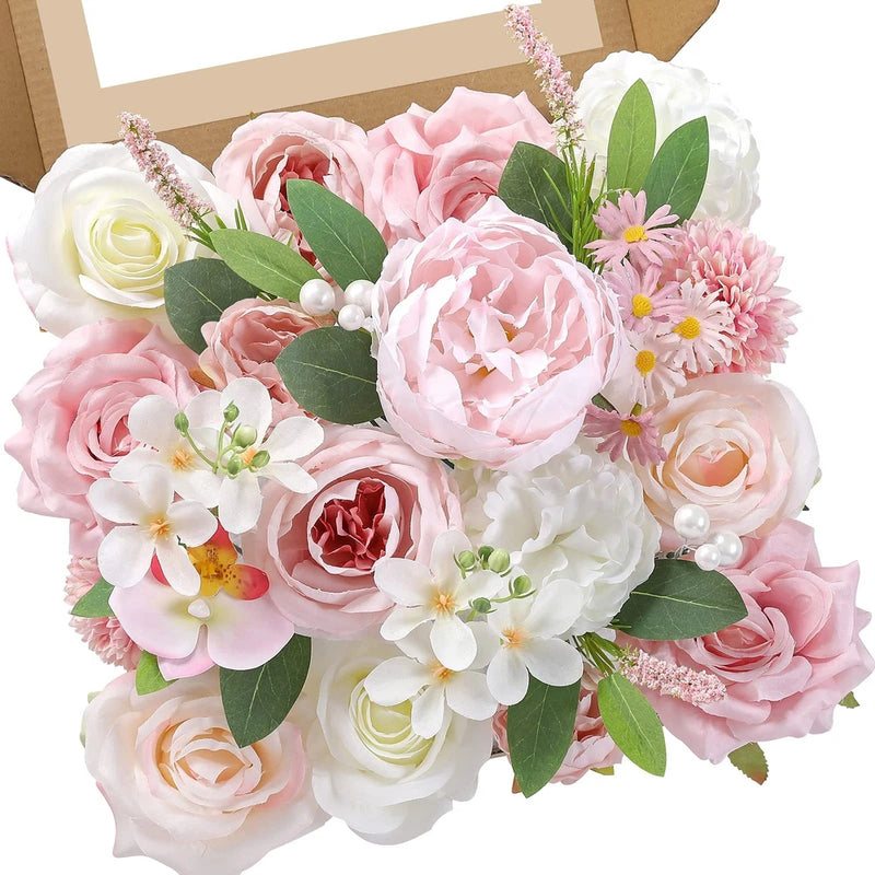 Artificial peony flower bouquet with pink and white blooms, greenery, pearls