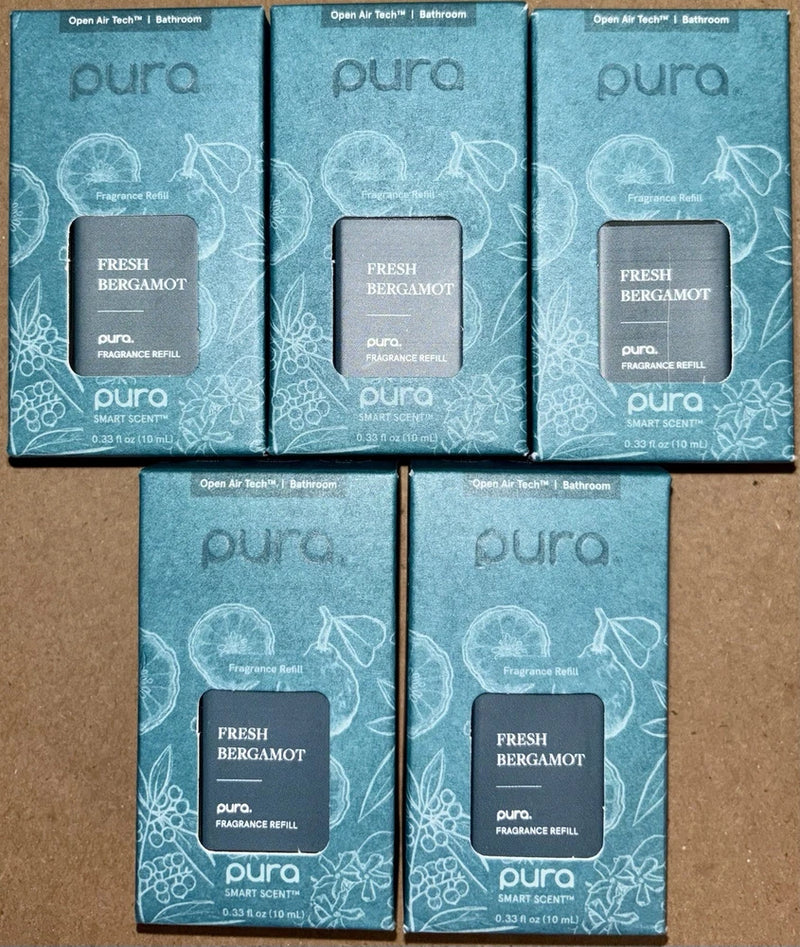 Pura Smart Scent fragrance diffuser oil 5-pack boxes, Fresh Bergamot, blue packaging